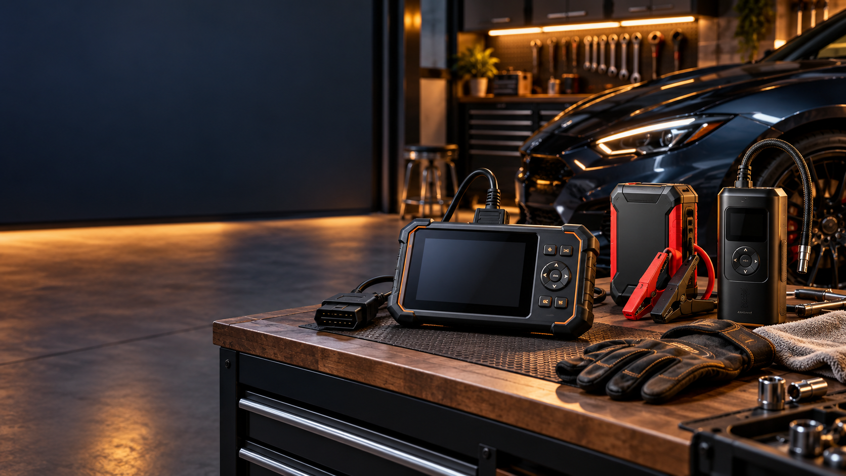 Automotive diagnostic tools on a modern garage workbench